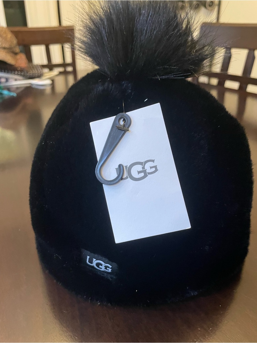 UGG Kids Black Faux-Fur Pom Beanie